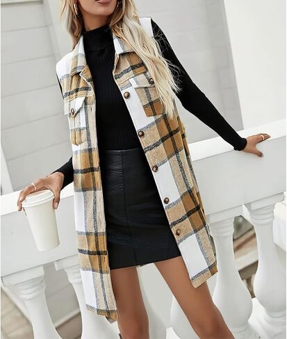 سترة Xaspee النسائية الكاجوال المصنوعة من خليط الفلانيل المنقوش بأزرار سفلية بدون أكمام طويلة in Kuwait