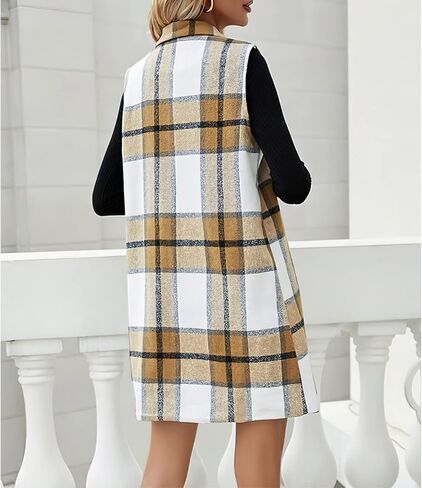 سترة Xaspee النسائية الكاجوال المصنوعة من خليط الفلانيل المنقوش بأزرار سفلية بدون أكمام طويلة in Kuwait