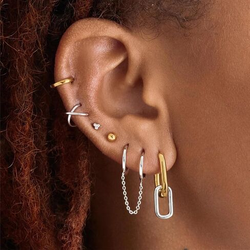 14K اثنين من لهجة الذهب أقراط الحلقة الفضية للنساء قطرة استرخى مشبك ورق أقراط للتحويل ربط أقراط على شكل سلسلة لفتاة in Kuwait