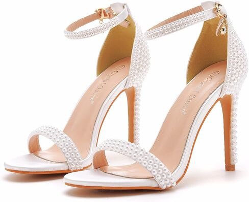 4.2 inches White Pearls Bridal Stiletto Heels Sandals Peep Toe Women's Ivory Pearls Sandals for Wedding Party Evening in Kuwait