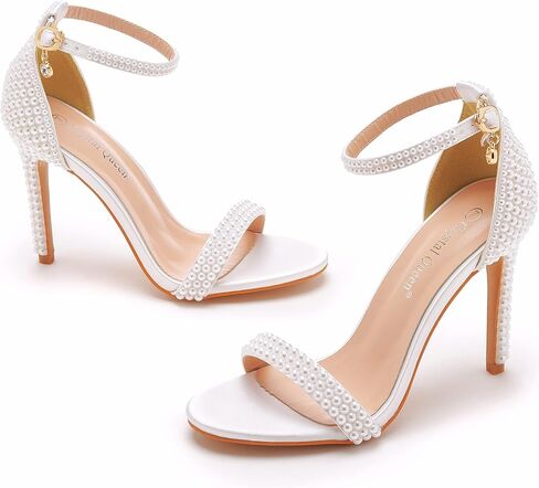 4.2 inches White Pearls Bridal Stiletto Heels Sandals Peep Toe Women's Ivory Pearls Sandals for Wedding Party Evening in Kuwait