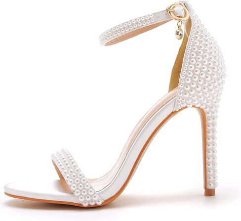 4.2 inches White Pearls Bridal Stiletto Heels Sandals Peep Toe Women's Ivory Pearls Sandals for Wedding Party Evening in Kuwait