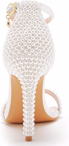 4.2 inches White Pearls Bridal Stiletto Heels Sandals Peep Toe Women's Ivory Pearls Sandals for Wedding Party Evening in Kuwait