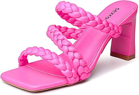sexrosly Women's Braided Heels Sandals Strappy Square Toe Chunky Block Heel Mules Slip On Sexy Dress Wedding High Heel Slippers Matte Leather PU Slide Sandal in Kuwait