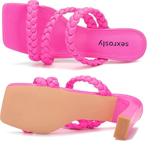 sexrosly Women's Braided Heels Sandals Strappy Square Toe Chunky Block Heel Mules Slip On Sexy Dress Wedding High Heel Slippers Matte Leather PU Slide Sandal in Kuwait