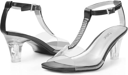 ANN CREEK Women's Clear Heels Rhinestone T-Strap Peep Toe Sandals in Kuwait