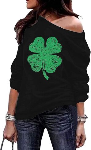 St Patricks Day Sweatshirt Women‘s Off the Shoulder Green Lucky Four Leaf Clover Shamrock Irish Shirts in Kuwait