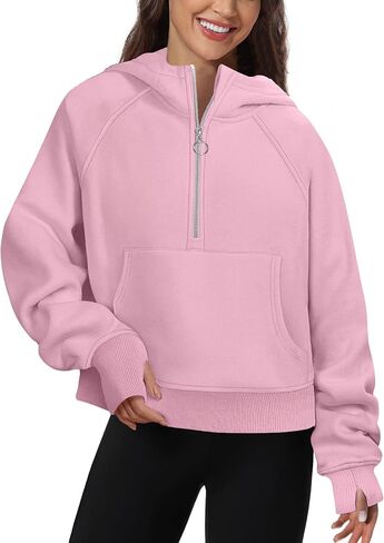 FKEEP Half Zip Hoodies for Women Zipper Up Cropped Hooded Long Sleeve Athletic Pullover Tops with Thumb Hole in Kuwait