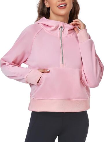 FKEEP Half Zip Hoodies for Women Zipper Up Cropped Hooded Long Sleeve Athletic Pullover Tops with Thumb Hole in Kuwait