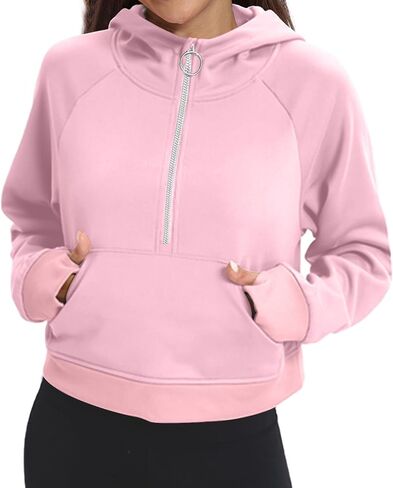 FKEEP Half Zip Hoodies for Women Zipper Up Cropped Hooded Long Sleeve Athletic Pullover Tops with Thumb Hole in Kuwait