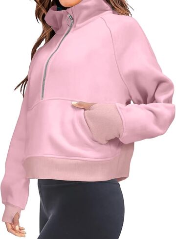 FKEEP Half Zip Hoodies for Women Zipper Up Cropped Hooded Long Sleeve Athletic Pullover Tops with Thumb Hole in Kuwait