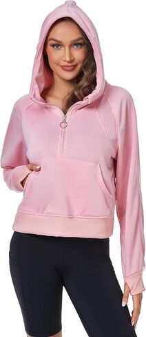 FKEEP Half Zip Hoodies for Women Zipper Up Cropped Hooded Long Sleeve Athletic Pullover Tops with Thumb Hole in Kuwait