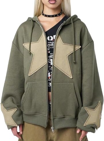 Karwuiio ​Women Y2k Zip Up Hoodies Star Graphic Long Sleeve Jackets Hip Hop Harajuku Oversized Hooded Sweatshirt in Saudi Arabia