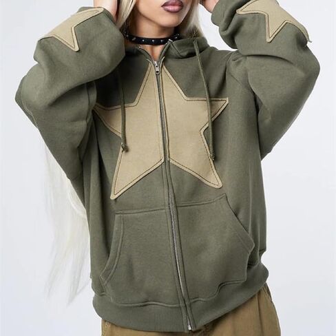 Karwuiio ​Women Y2k Zip Up Hoodies Star Graphic Long Sleeve Jackets Hip Hop Harajuku Oversized Hooded Sweatshirt in Saudi Arabia