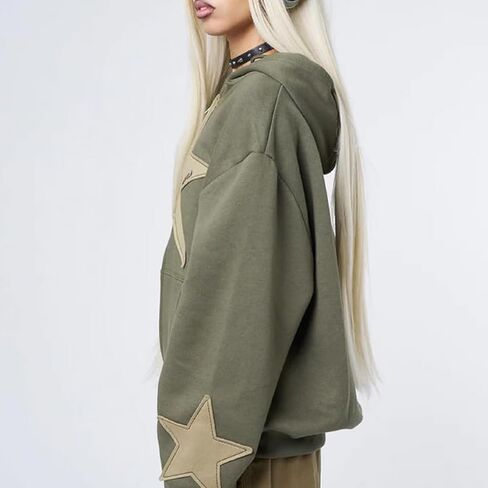 Karwuiio ​Women Y2k Zip Up Hoodies Star Graphic Long Sleeve Jackets Hip Hop Harajuku Oversized Hooded Sweatshirt in Saudi Arabia