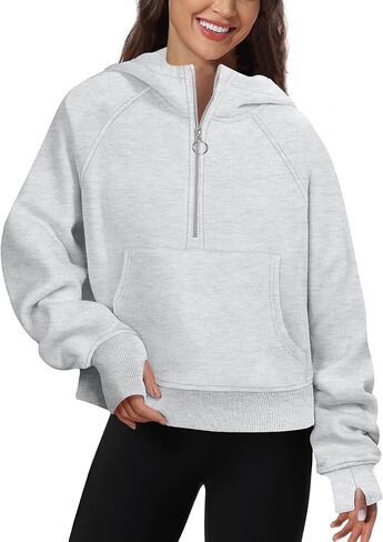 FKEEP Half Zip Hoodies for Women Zipper Up Cropped Hooded Long Sleeve Athletic Pullover Tops with Thumb Hole in Kuwait