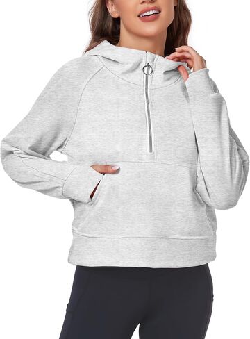 FKEEP Half Zip Hoodies for Women Zipper Up Cropped Hooded Long Sleeve Athletic Pullover Tops with Thumb Hole in Kuwait