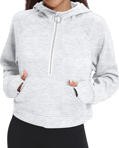 FKEEP Half Zip Hoodies for Women Zipper Up Cropped Hooded Long Sleeve Athletic Pullover Tops with Thumb Hole in Kuwait
