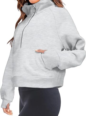 FKEEP Half Zip Hoodies for Women Zipper Up Cropped Hooded Long Sleeve Athletic Pullover Tops with Thumb Hole in Kuwait
