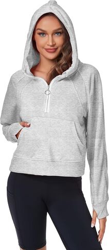 FKEEP Half Zip Hoodies for Women Zipper Up Cropped Hooded Long Sleeve Athletic Pullover Tops with Thumb Hole in Kuwait