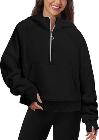 FKEEP Half Zip Hoodies for Women Zipper Up Cropped Hooded Long Sleeve Athletic Pullover Tops with Thumb Hole in Kuwait