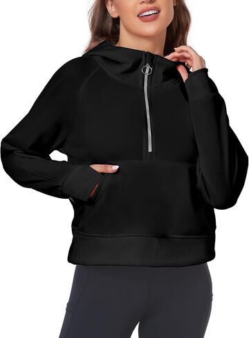 FKEEP Half Zip Hoodies for Women Zipper Up Cropped Hooded Long Sleeve Athletic Pullover Tops with Thumb Hole in Kuwait