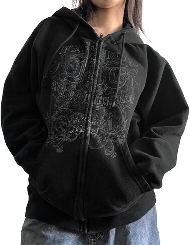 Karwuiio ​Women Y2k Zip Up Hoodies Star Graphic Long Sleeve Jackets Hip Hop Harajuku Oversized Hooded Sweatshirt in Saudi Arabia