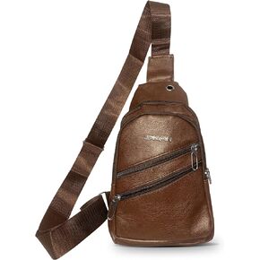 Small Leather Crossbody Sling Bag for Women & Men with Adjustable Strap | 5 Zipped Multi-Purpose Shoulder Backpack Purse | Decent Style Waterproof Mini Side Bag | Scratch Proof, Easy to Clean | Brown in Saudi Arabia