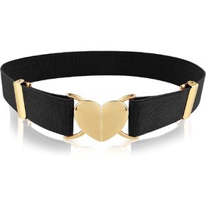 Andibro Heart Elastic Waist Belts for Girls, Adjustable Woven Stretch Belt Fashion Metal Heart Buckle Waistband for Women