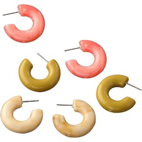 3Pairs Resin Candy Color C-shaped Grid Hoop Earrings Set Lightweight Colorful Ecetate Acrylic Statement Earrings for Women Girl Teen Vintage Geometric Round Circle Jewelry