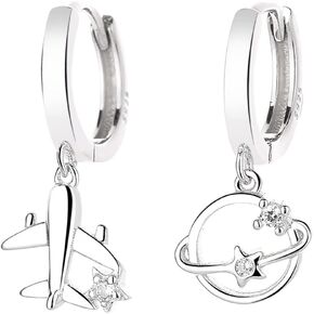 Airplane Planet Dangle Hoop Earrings for Women Girls 925 Sterling Silver Crystal CZ Star Asymmetrical Dangling Charm Drop Hoops Cartilage Earrings Small Huggie