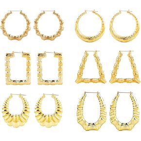 6 Pairs Large Bamboo Shaped Hoop Earrings Set Gold Tone Statement Hip-Hop Earrings for Women Girls Jewelry in Kuwait