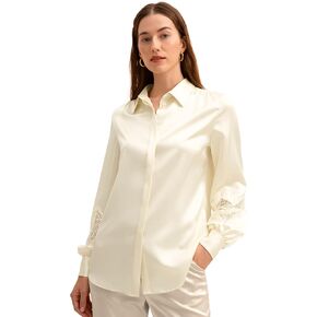 LilySilk 22 Momme Pure Silk Blouse for Women Elegant Lace Stitched Long Sleeves Retro Classic Shirt for Ladies in Kuwait