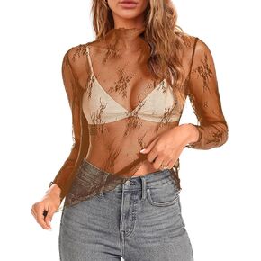 Aoulaydo lace Long Sleeve top for Women mesh Layering top Mock Neck Floral See Through Tops