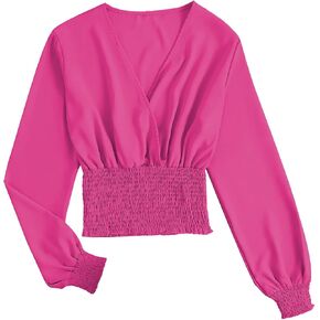 LYANER Women's V Neck Shirred Polka Dots Long Sleeve Frill Crop Blouse Shirt Tops in Kuwait