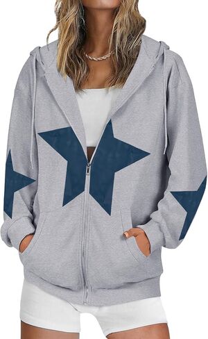 سترة بقلنسوة بسحاب من ALLTB للنساء: سترات بقلنسوة برسومات نجمة Y2k للفتيات المراهقات سترات كاجوال برباط مع جيوب in Kuwait