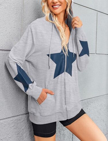 سترة بقلنسوة بسحاب من ALLTB للنساء: سترات بقلنسوة برسومات نجمة Y2k للفتيات المراهقات سترات كاجوال برباط مع جيوب in Kuwait