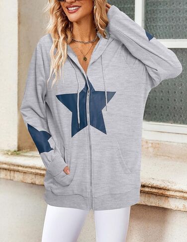 سترة بقلنسوة بسحاب من ALLTB للنساء: سترات بقلنسوة برسومات نجمة Y2k للفتيات المراهقات سترات كاجوال برباط مع جيوب in Kuwait