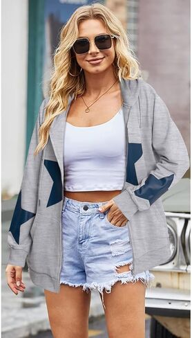 سترة بقلنسوة بسحاب من ALLTB للنساء: سترات بقلنسوة برسومات نجمة Y2k للفتيات المراهقات سترات كاجوال برباط مع جيوب in Kuwait