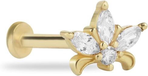 حلق ثقب الغضروف من Lotus Labret مع الزركون - الذهب الأصفر الخالص عيار 14 قيراط - من أجل ثقب الحلزون الزنمة الفص المسطح وغيرها من ثقب الجسم من KORAL JEWELRY in Saudi Arabia