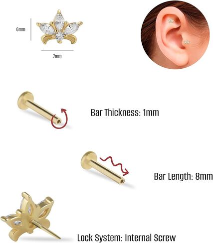 حلق ثقب الغضروف من Lotus Labret مع الزركون - الذهب الأصفر الخالص عيار 14 قيراط - من أجل ثقب الحلزون الزنمة الفص المسطح وغيرها من ثقب الجسم من KORAL JEWELRY in Saudi Arabia