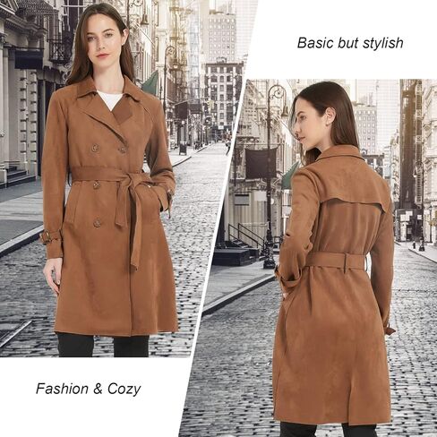 XULIKU Women's Suede Leather Trench Coat Double Breasted Lightweight Slim Fit Long Overcoat with Belt for Womens Fall Fashion 2022 in Kuwait