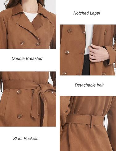 XULIKU Women's Suede Leather Trench Coat Double Breasted Lightweight Slim Fit Long Overcoat with Belt for Womens Fall Fashion 2022 in Kuwait