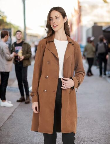 XULIKU Women's Suede Leather Trench Coat Double Breasted Lightweight Slim Fit Long Overcoat with Belt for Womens Fall Fashion 2022 in Kuwait