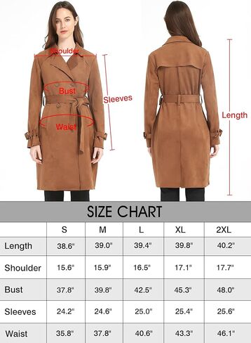 XULIKU Women's Suede Leather Trench Coat Double Breasted Lightweight Slim Fit Long Overcoat with Belt for Womens Fall Fashion 2022 in Kuwait