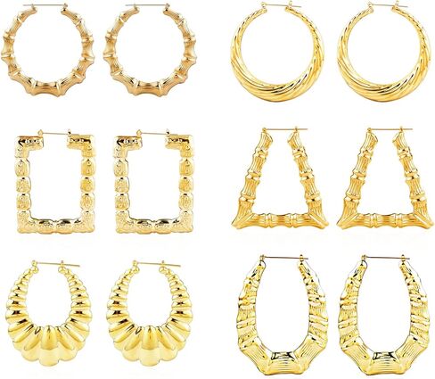 6 أزواج من الأقراط الكبيرة على شكل الخيزران مجموعة أقراط هيب هوب ذهبية اللون للنساء مجوهرات البنات in Kuwait