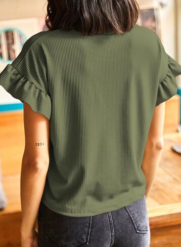 EVALESS Womens Short Sleeve Casual Basic T Shirts Summer Ruffle Plain Round Neck Knit Loose Fit Tee Tops Blouses in Saudi Arabia