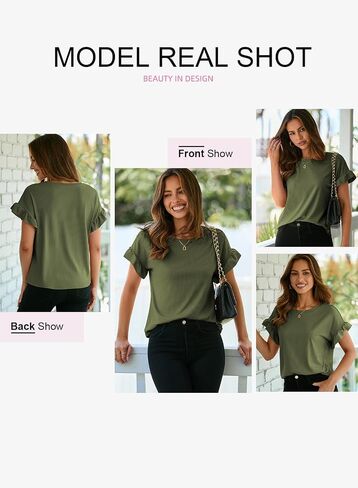 EVALESS Womens Short Sleeve Casual Basic T Shirts Summer Ruffle Plain Round Neck Knit Loose Fit Tee Tops Blouses in Saudi Arabia