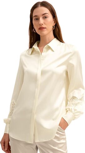 LilySilk 22 Momme Pure Silk Blouse for Women Elegant Lace Stitched Long Sleeves Retro Classic Shirt for Ladies in Kuwait