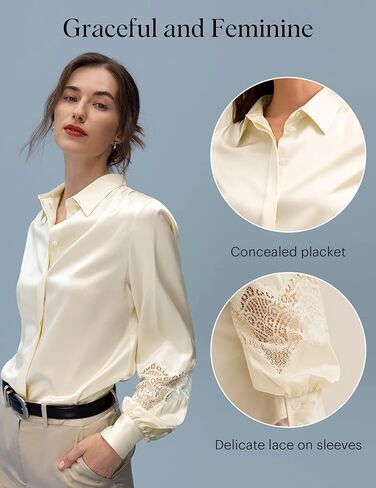 LilySilk 22 Momme Pure Silk Blouse for Women Elegant Lace Stitched Long Sleeves Retro Classic Shirt for Ladies in Kuwait